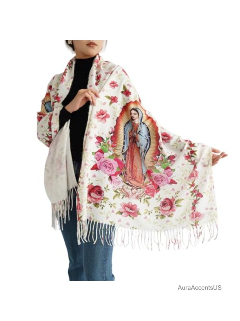 Virgen de Guadalupe Shawl Wrap, Virgin Mary Scarf with Rose Design, Lightweight